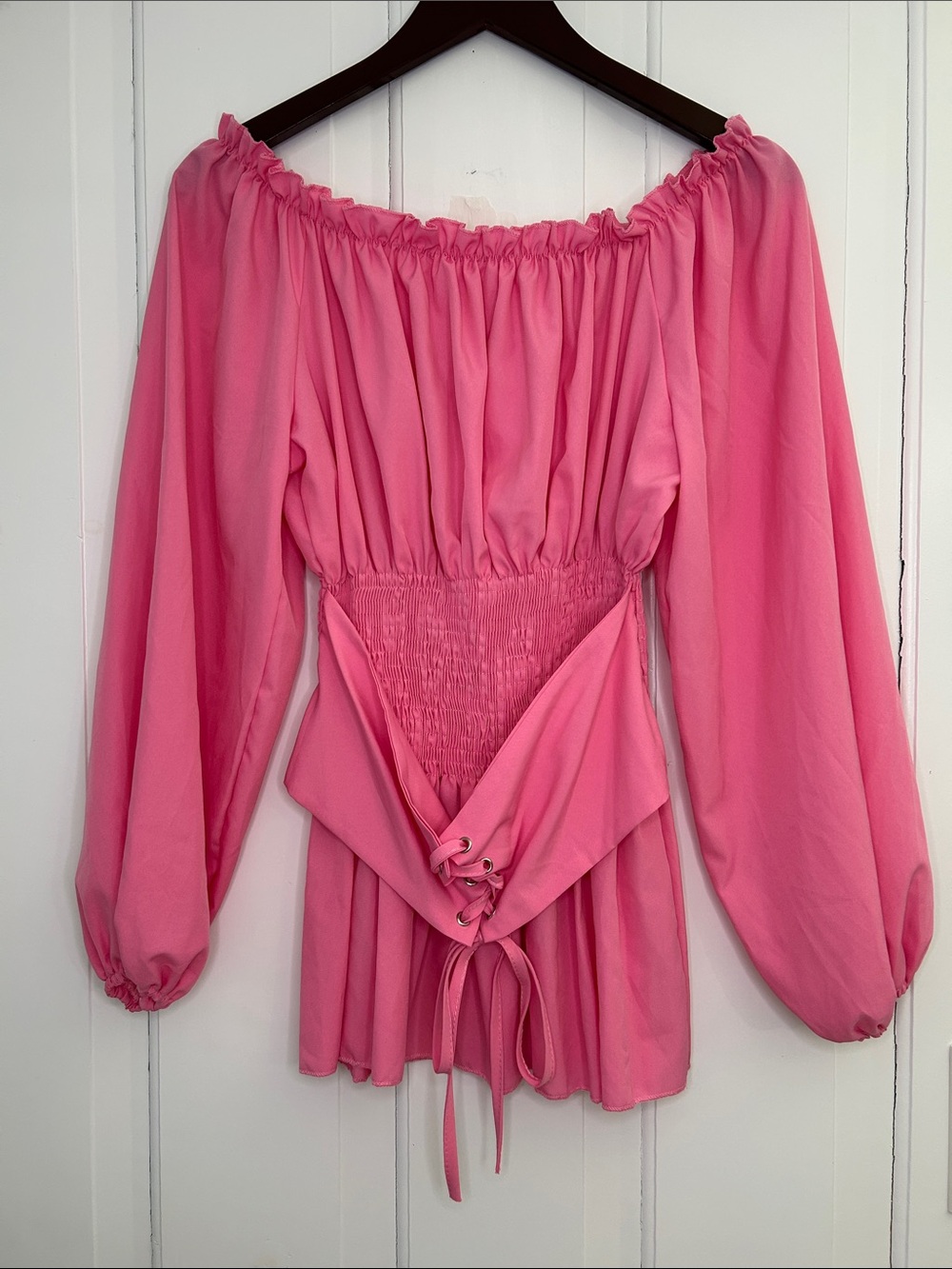Pink Off-Shoulder lightweight Lace-Up Smocked babydoll ruffle Barbie girly